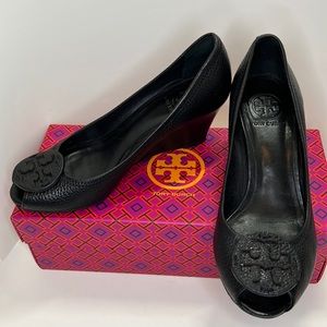 Tory Burch Sally black pebble leather peep toe wedges